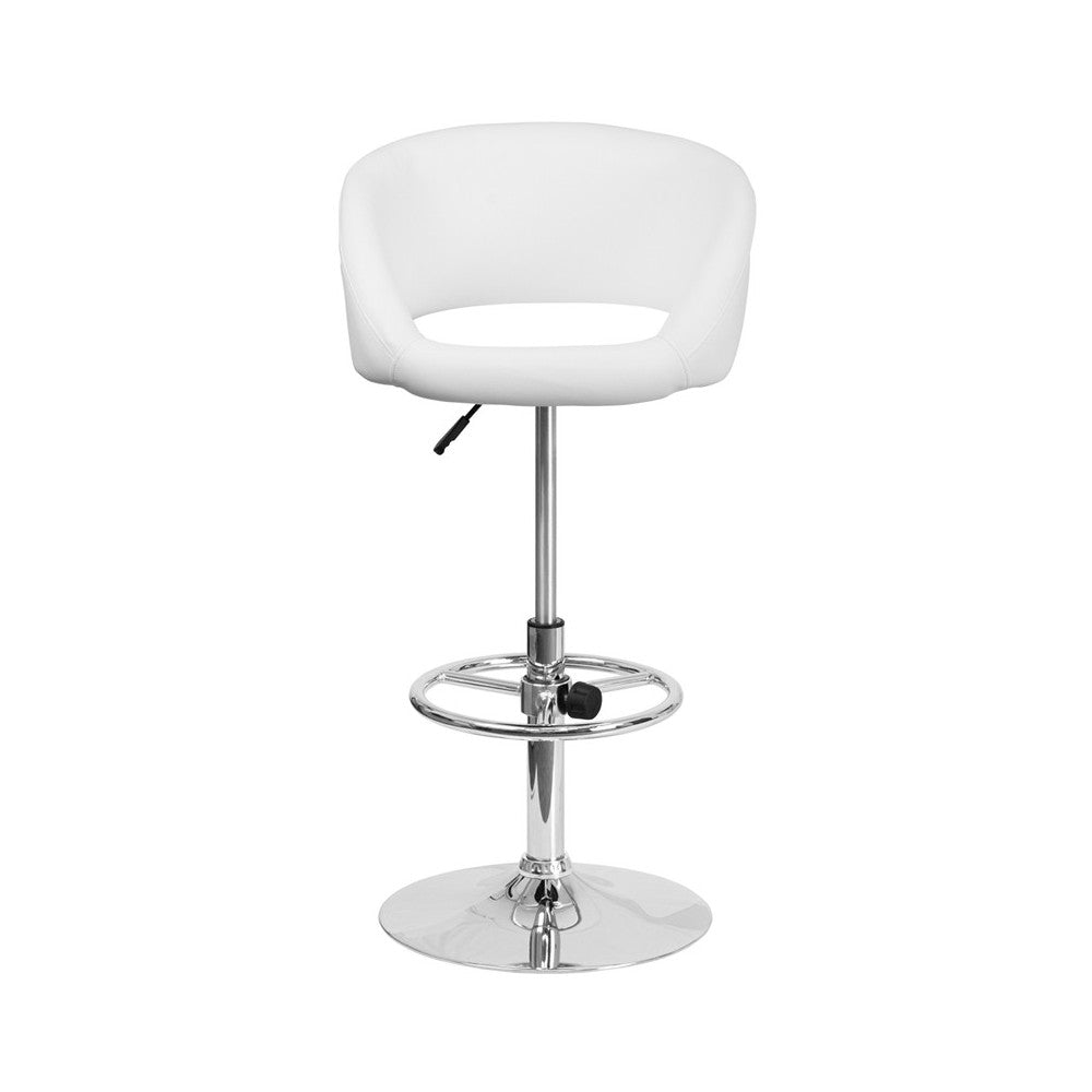 Contemporary White Vinyl Adjustable Height Barstool with Barrel Back and Chrome Base