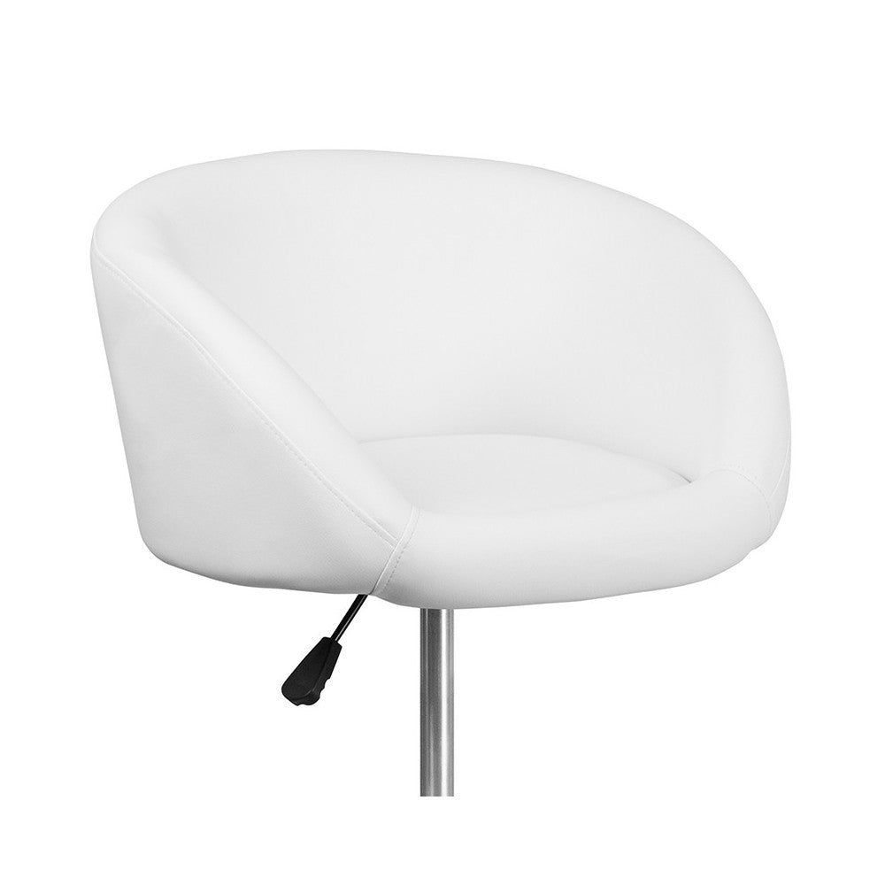 Contemporary White Vinyl Adjustable Height Barstool with Barrel Back and Chrome Base