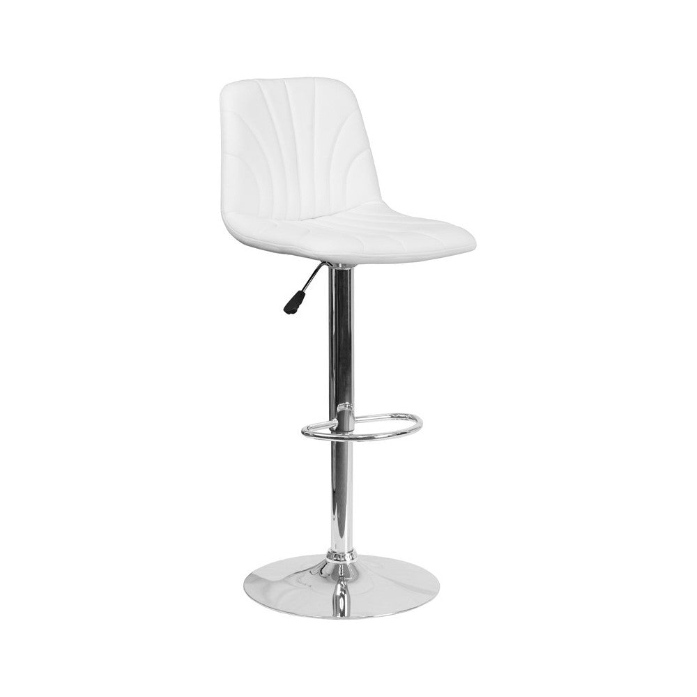 Contemporary White Vinyl Adjustable Height Barstool with Embellished Stitch Design and Chrome Base