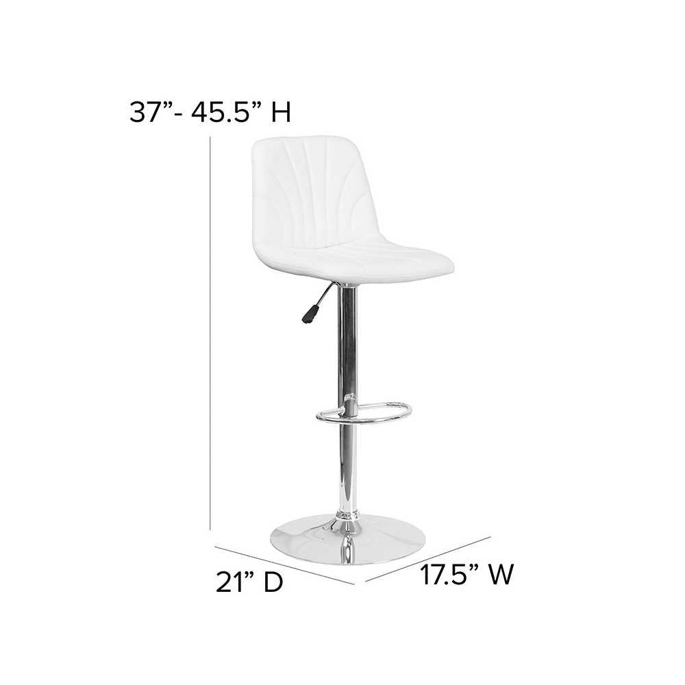 Contemporary White Vinyl Adjustable Height Barstool with Embellished Stitch Design and Chrome Base