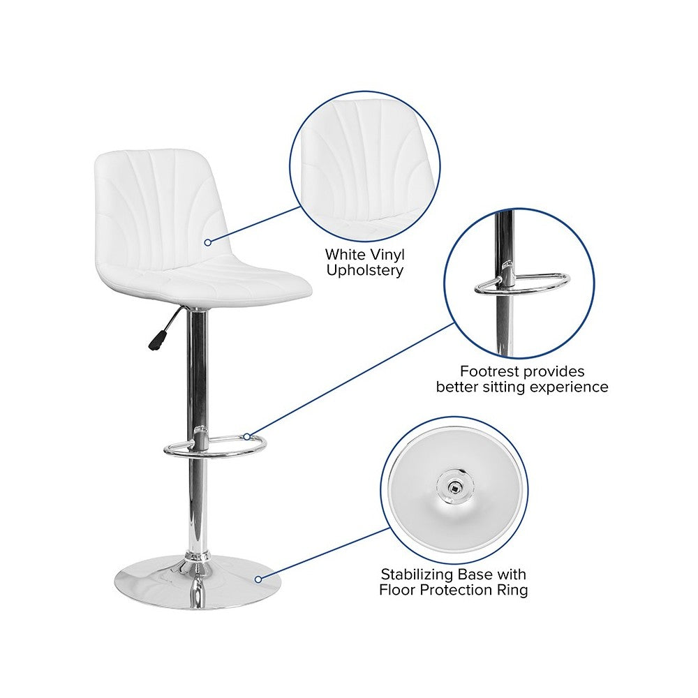 Contemporary White Vinyl Adjustable Height Barstool with Embellished Stitch Design and Chrome Base