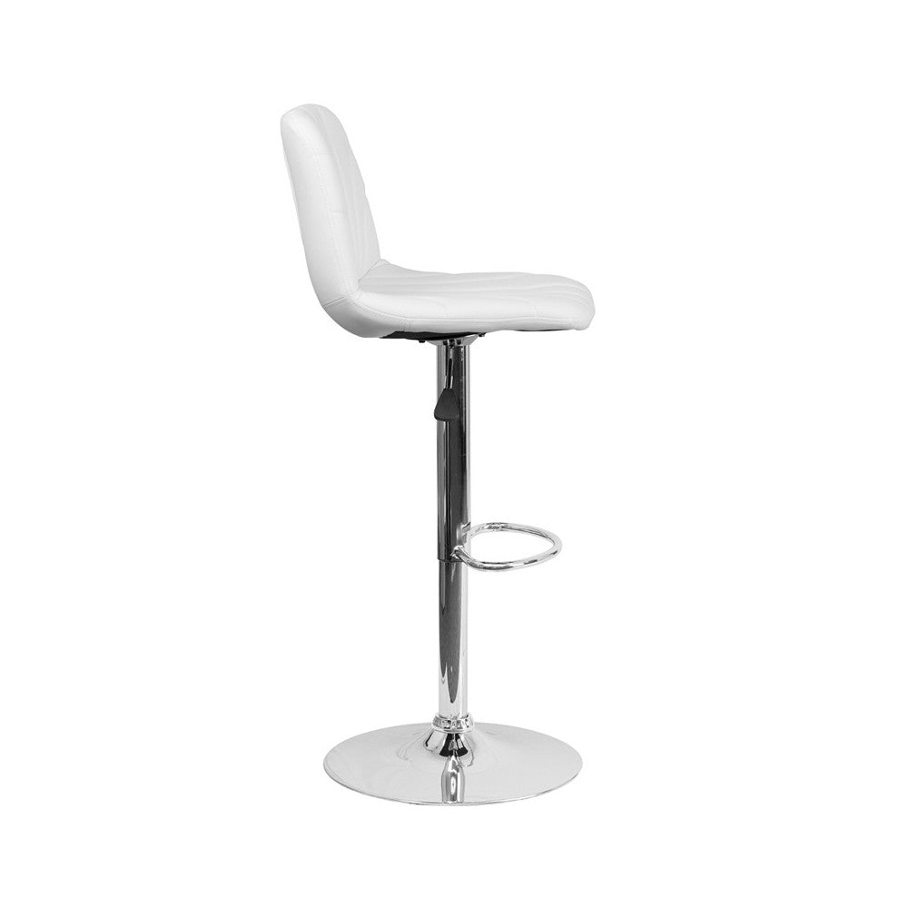 Contemporary White Vinyl Adjustable Height Barstool with Embellished Stitch Design and Chrome Base