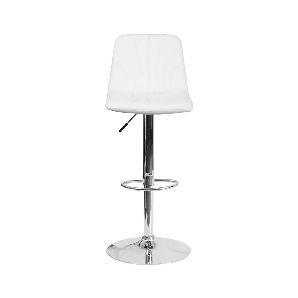 Contemporary White Vinyl Adjustable Height Barstool with Embellished Stitch Design and Chrome Base