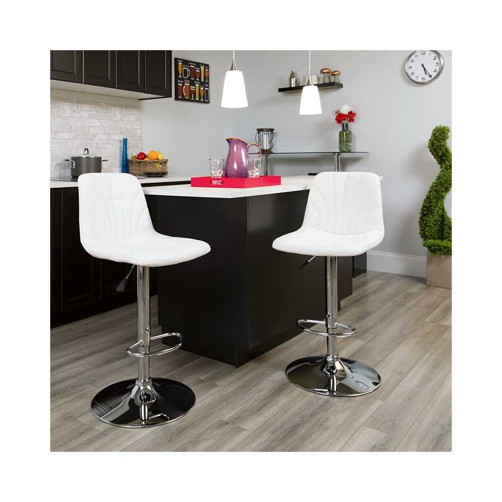 Contemporary White Vinyl Adjustable Height Barstool with Embellished Stitch Design and Chrome Base