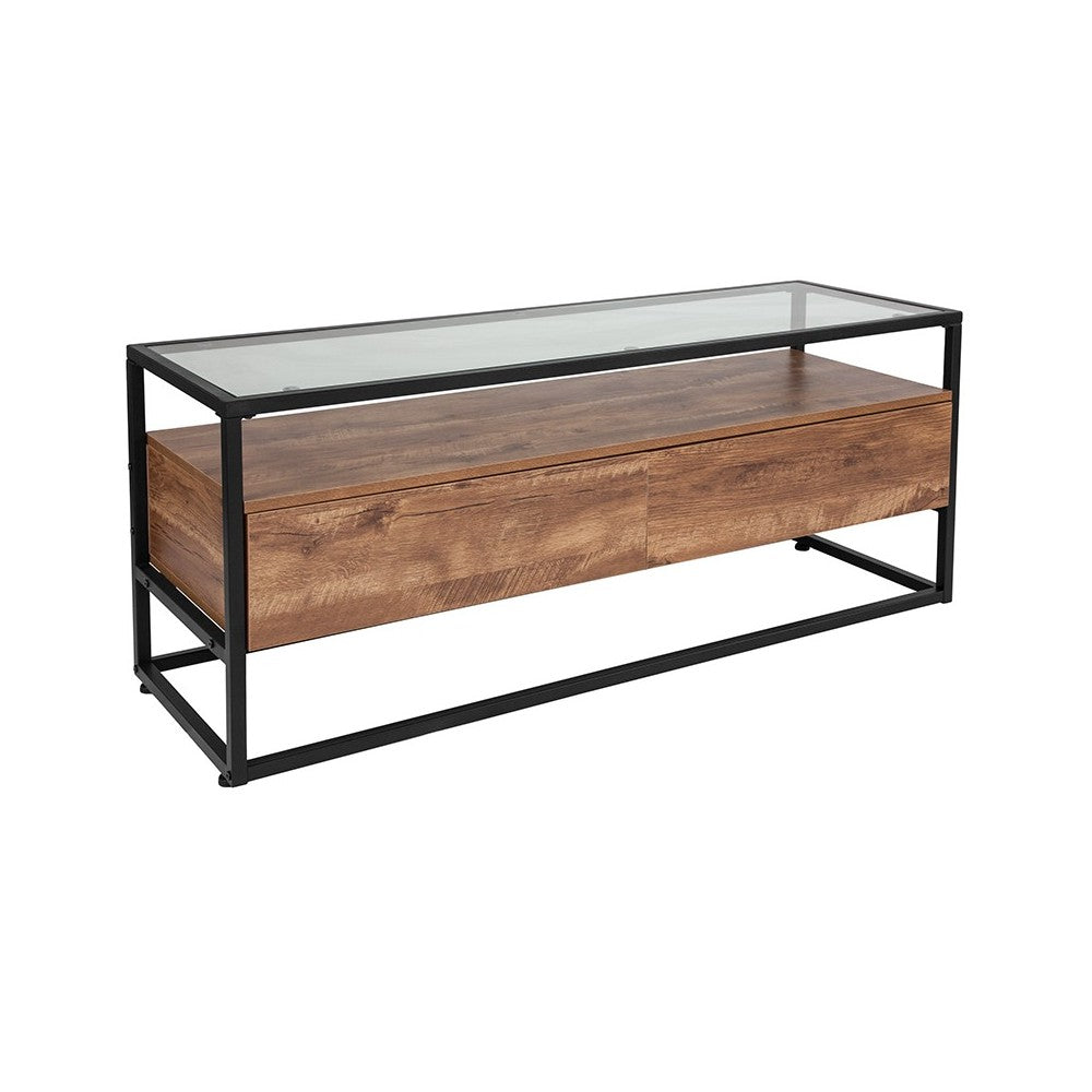 Cumberland Collection Glass Coffee Table with Two Drawers and Shelf in Rustic Wood Grain Finish