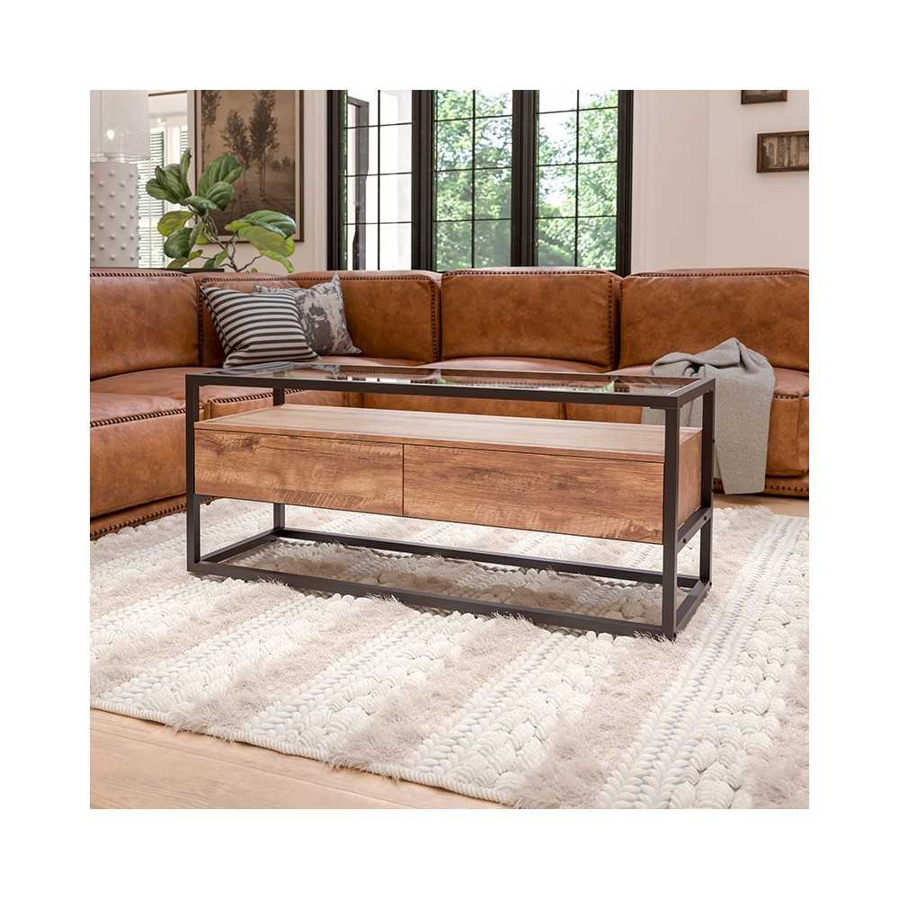 Cumberland Collection Glass Coffee Table with Two Drawers and Shelf in Rustic Wood Grain Finish