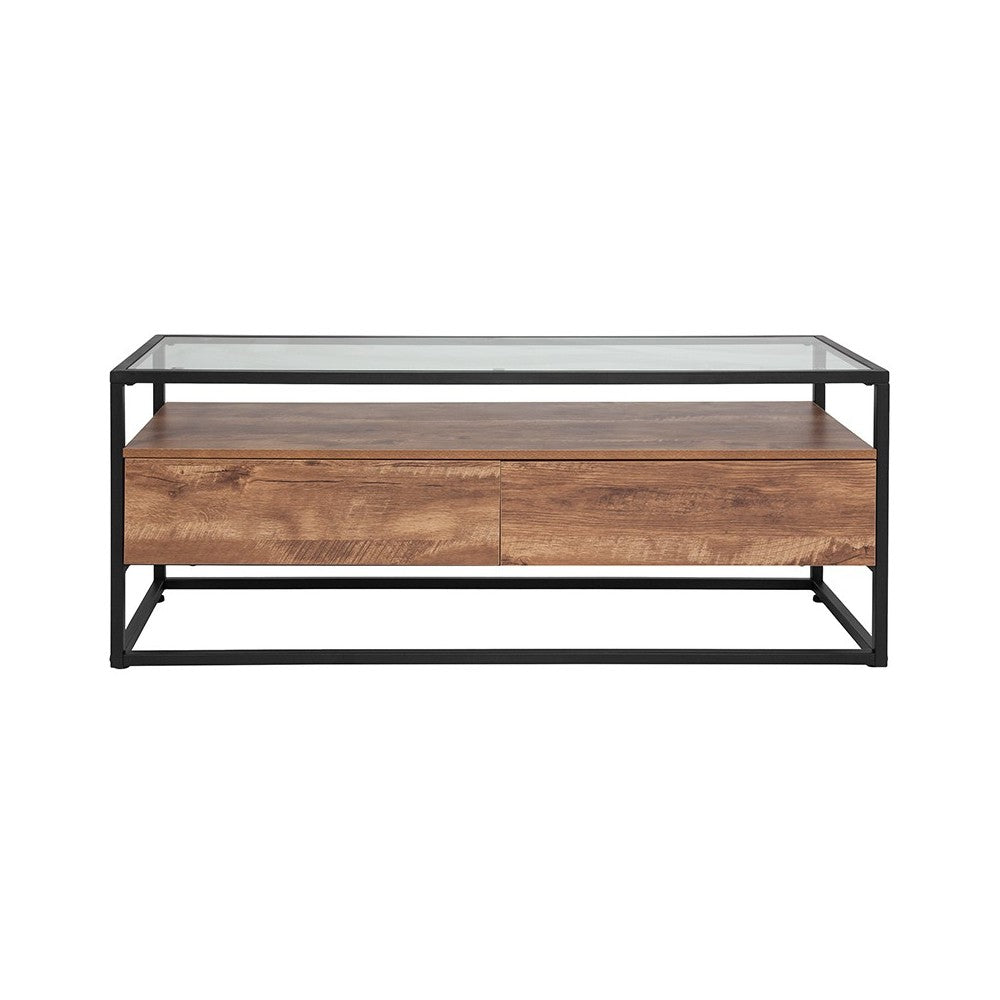 Cumberland Collection Glass Coffee Table with Two Drawers and Shelf in Rustic Wood Grain Finish