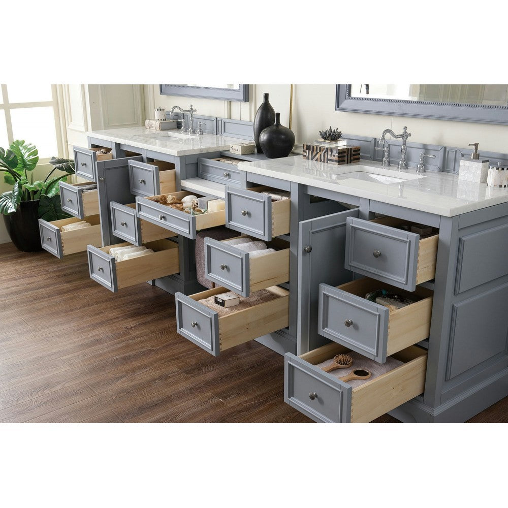 De Soto 118" Double Vanity Set Gray w/ 3 CM Arctic Fall Solid Surface Top