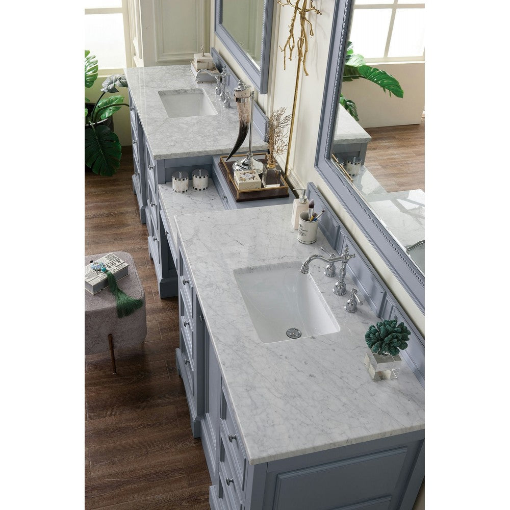 De Soto 118" Double Vanity Set Gray w/Makeup Table 3 CM Carrara Marble Top