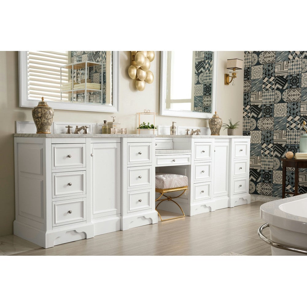 De Soto 118" Double Vanity Set White w/Makeup Table 3 CM Carrara Marble Top