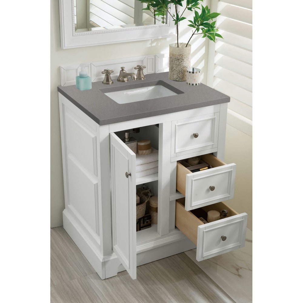 De Soto 30" Single Vanity, Bright White w/ 3 CM Gray Expo Quartz Top