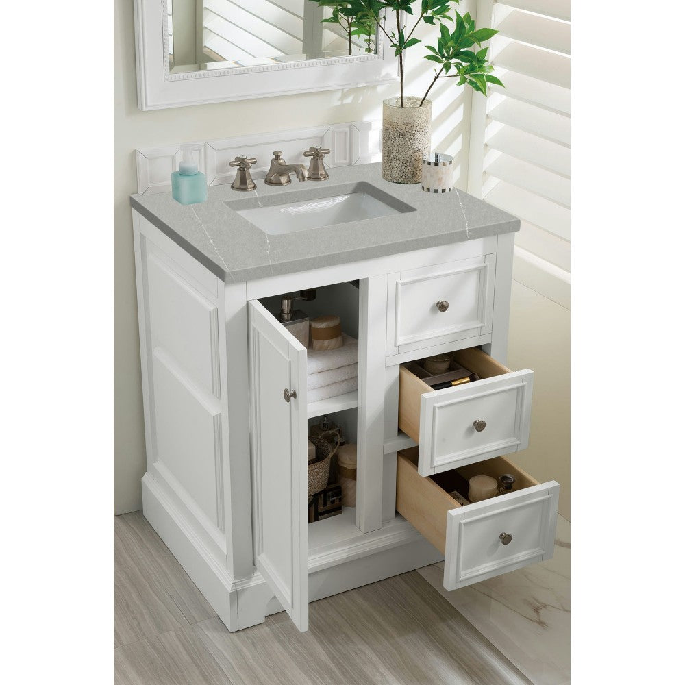 De Soto 30" Single Vanity, Bright White w/ 3 CM Eternal Serena Quartz Top