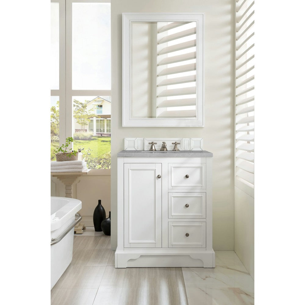 De Soto 30" Single Vanity, Bright White w/ 3 CM Eternal Serena Quartz Top