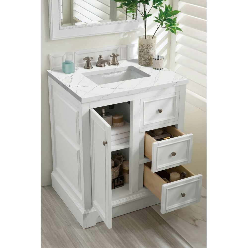De Soto 30" Single Vanity, Bright White w/ 3 CM Ethereal Noctis Quartz Top