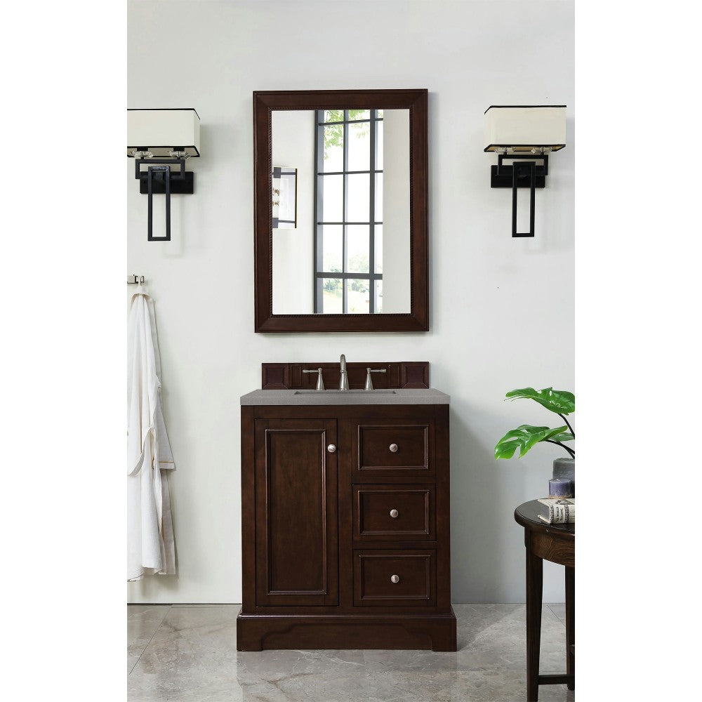 De Soto 30" Single Vanity, Burnished Mahogany w/ 3 CM Gray Expo Quartz Top