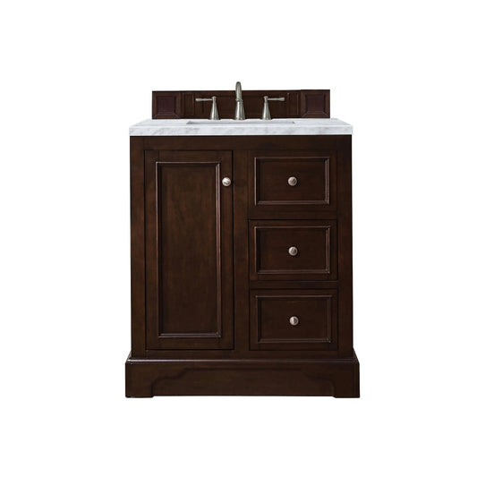 De Soto 30" Single Vanity, Burnished Mahogany w/ 3 CM Carrara Marble Top