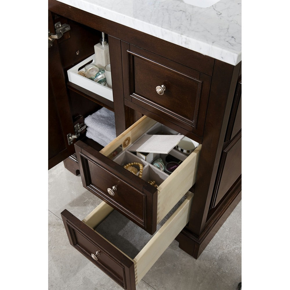 De Soto 30" Single Vanity, Burnished Mahogany w/ 3 CM Carrara Marble Top
