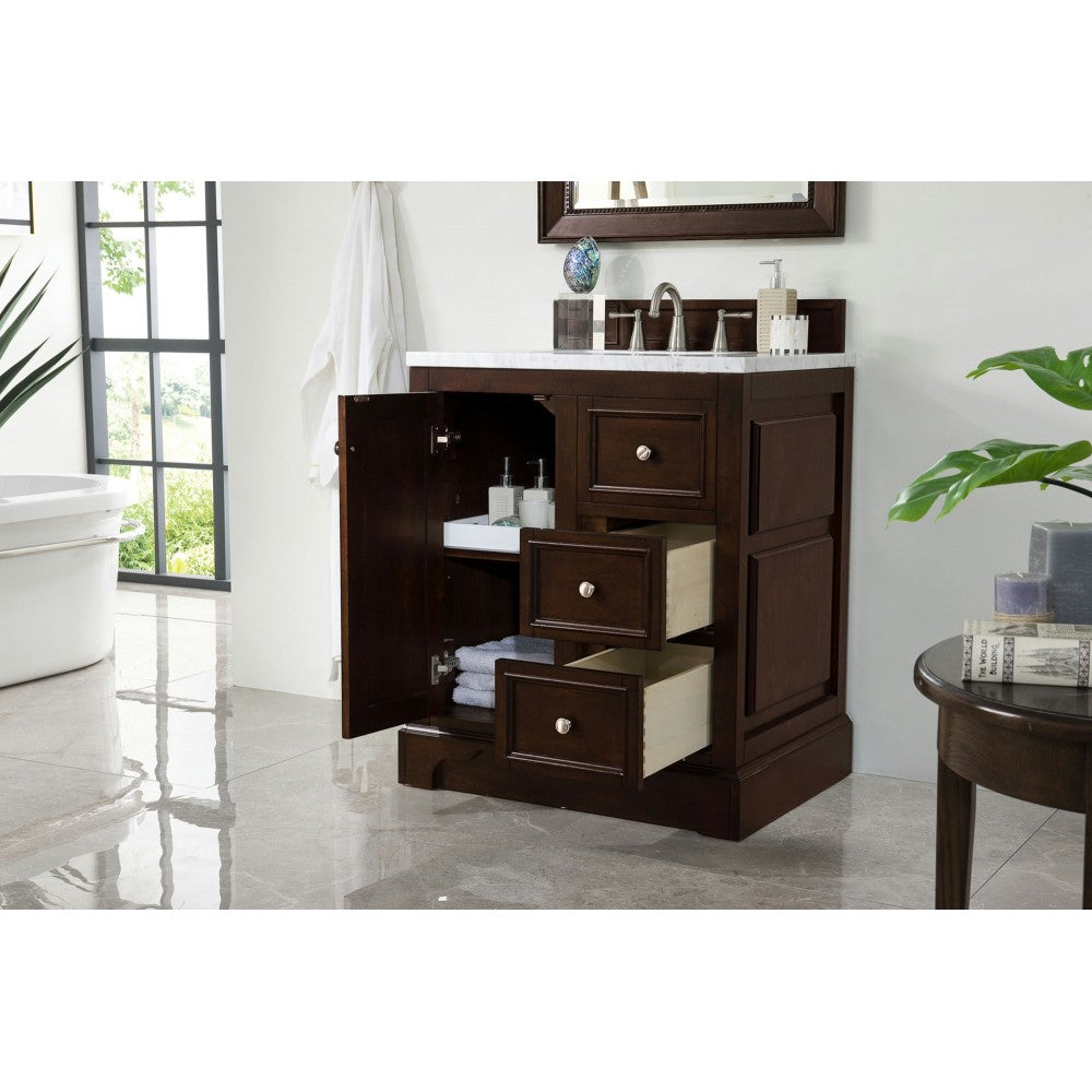 De Soto 30" Single Vanity, Burnished Mahogany w/ 3 CM Carrara Marble Top