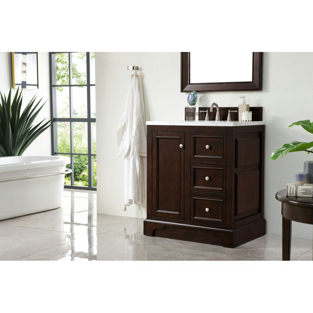 De Soto 30" Single Vanity, Burnished Mahogany w/ 3 CM Carrara Marble Top