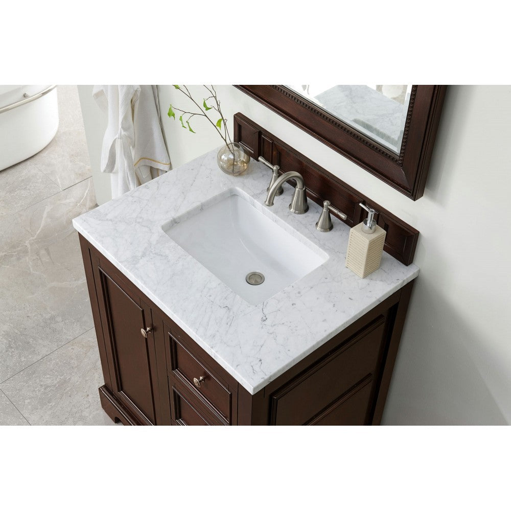 De Soto 30" Single Vanity, Burnished Mahogany w/ 3 CM Carrara Marble Top