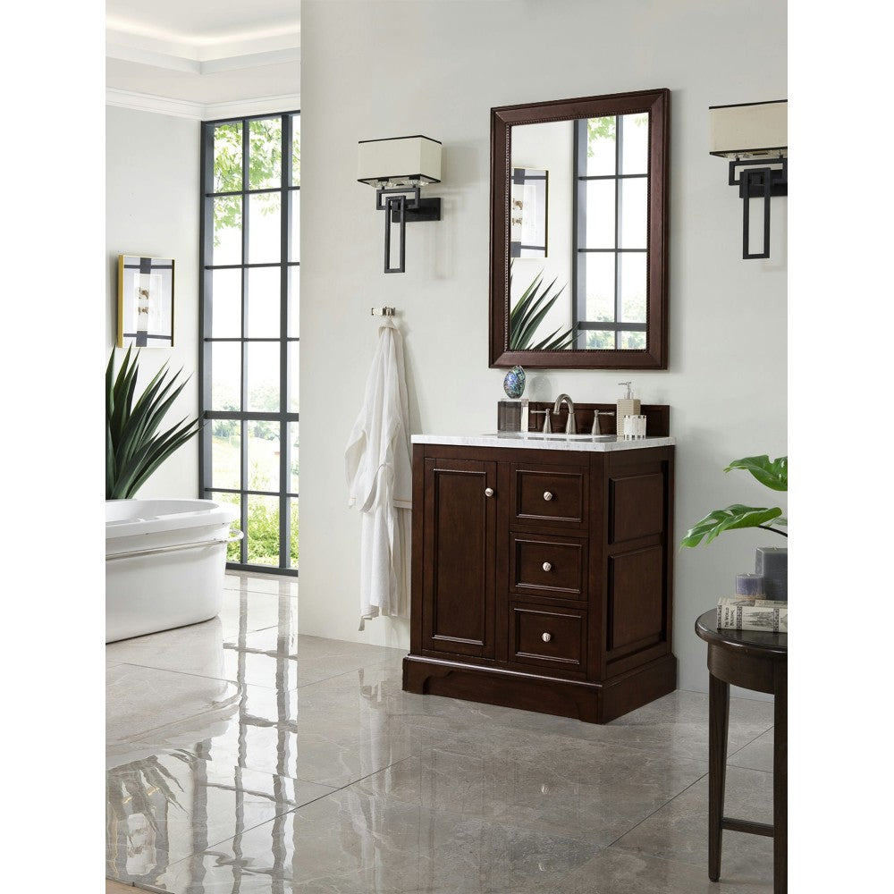 De Soto 30" Single Vanity, Burnished Mahogany w/ 3 CM Carrara Marble Top