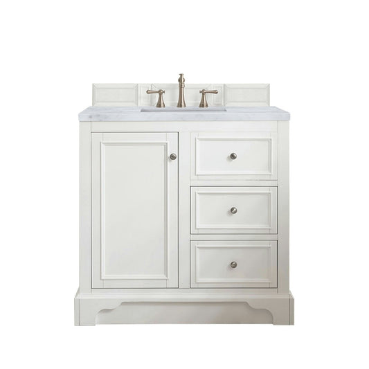 De Soto 36" Single Vanity, Bright White w/ 3 CM Carrara Marble Top
