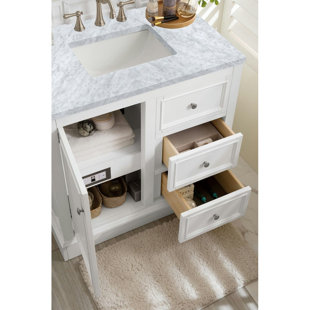 De Soto 36" Single Vanity, Bright White w/ 3 CM Carrara Marble Top