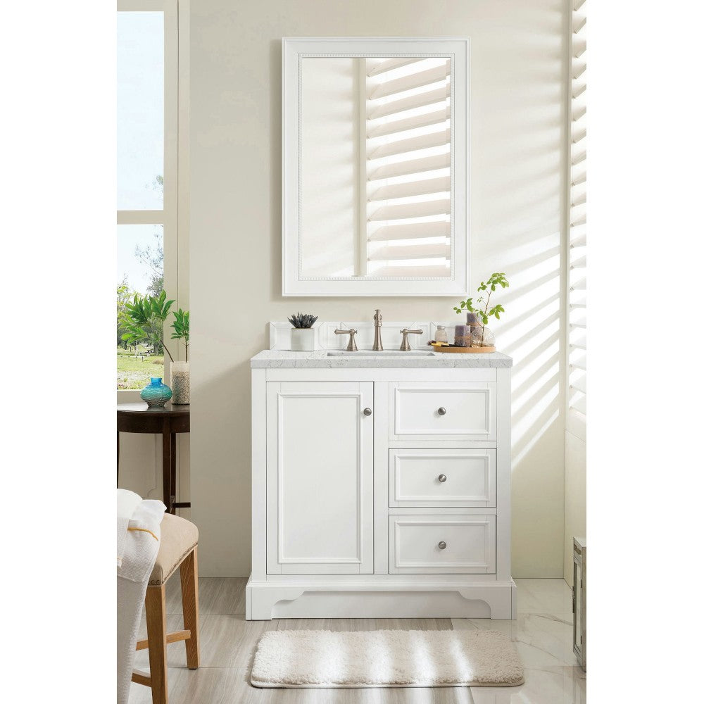 De Soto 36" Single Vanity, Bright White w/ 3 CM Eternal Jasmine Pearl Quartz Top