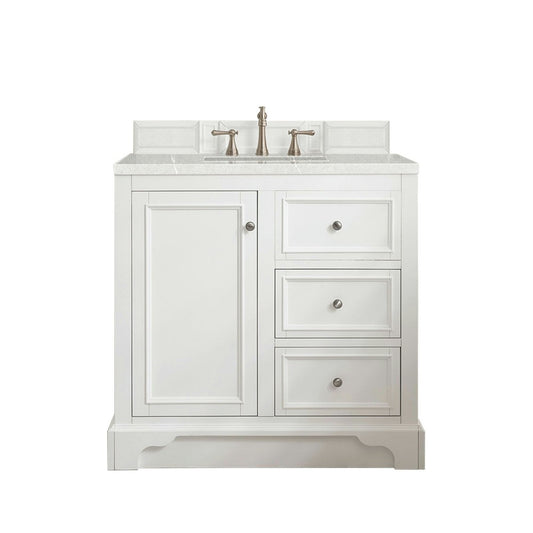 De Soto 36" Single Vanity, Bright White w/ 3 CM Eternal Serena Quartz Top
