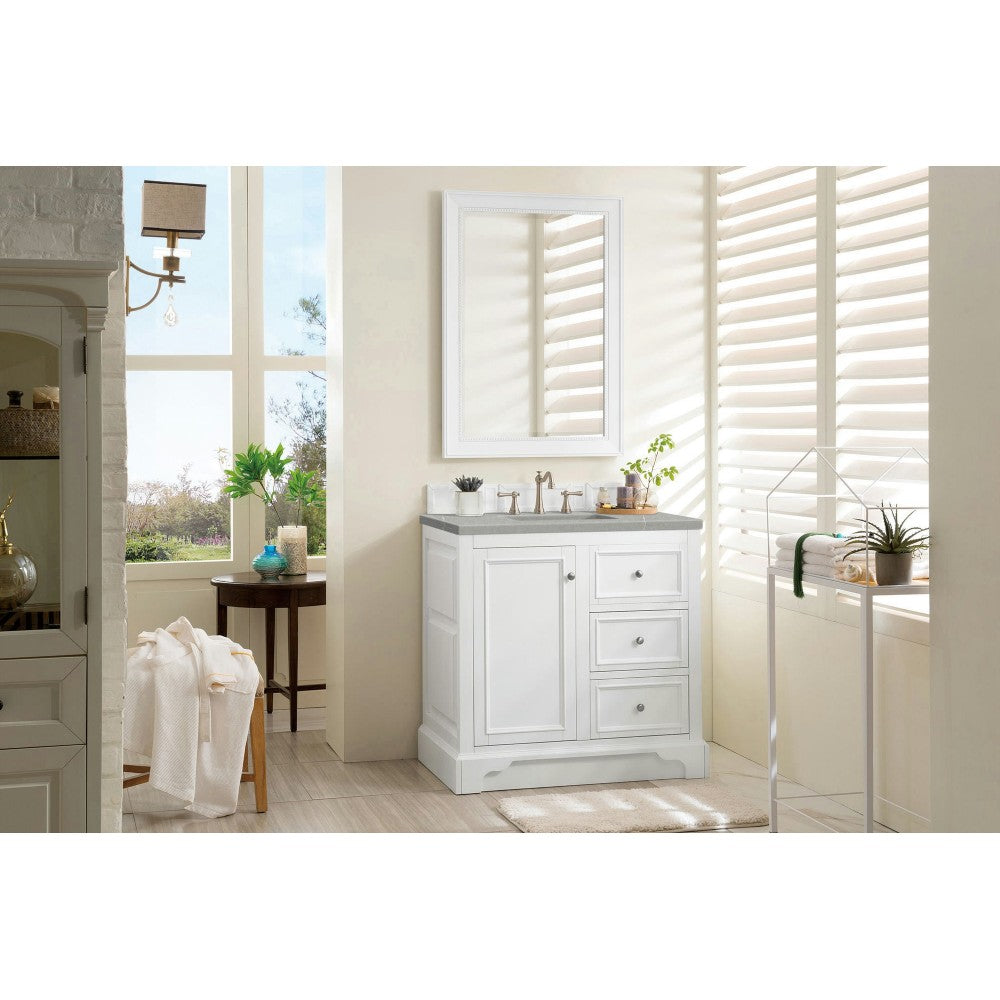 De Soto 36" Single Vanity, Bright White w/ 3 CM Eternal Serena Quartz Top