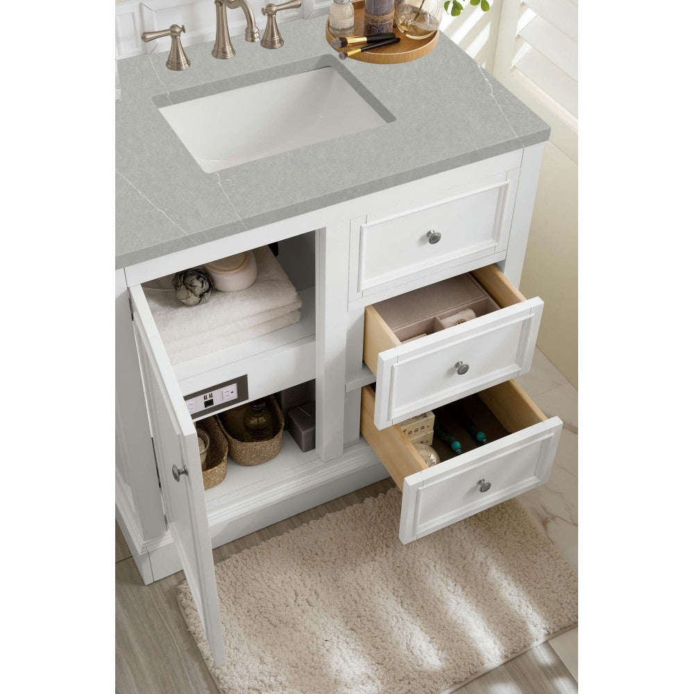 De Soto 36" Single Vanity, Bright White w/ 3 CM Eternal Serena Quartz Top