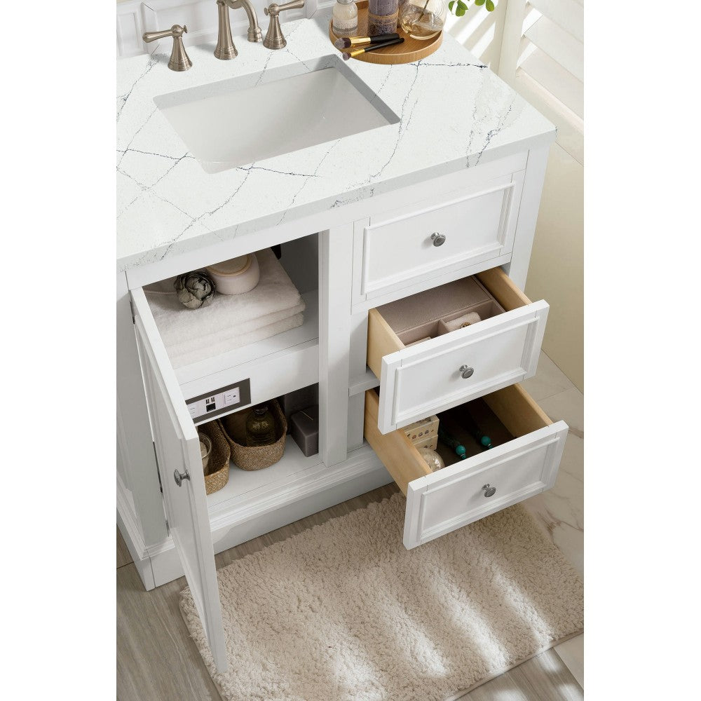 De Soto 36" Single Vanity, Bright White, w/ 3 CM Ethereal Noctis Quartz Top