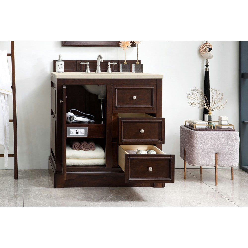 De Soto 36" Single Vanity, Burnished Mahogany w/ 3 CM Eternal Marfil Quartz Top