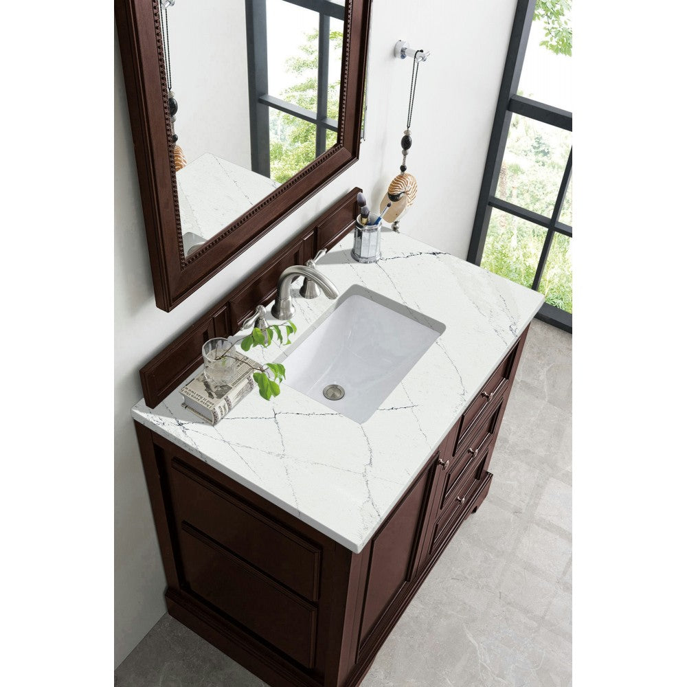 De Soto 36" Single Vanity, Burnished Mahogany w/ 3 CM Ethereal Noctis Quartz Top