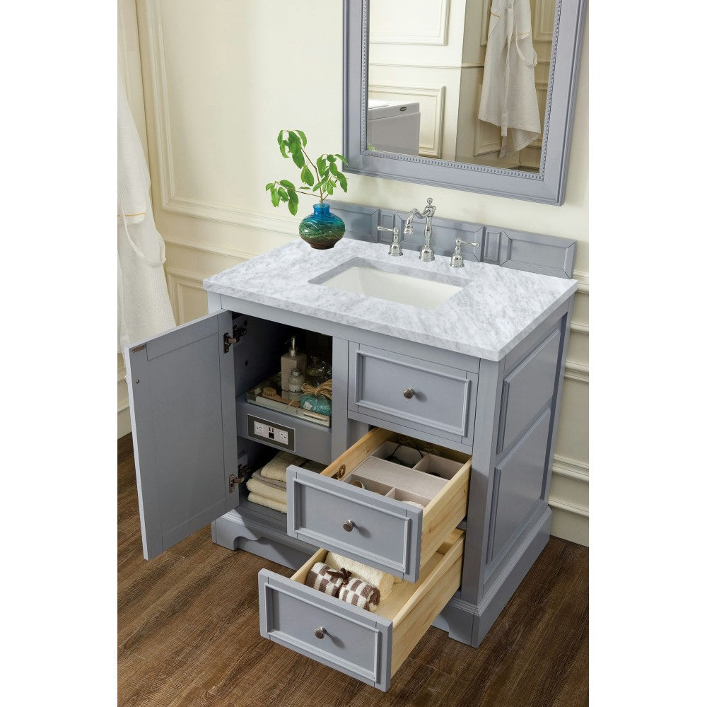 De Soto 36" Single Vanity, Silver Gray w/ 3 CM Carrara Marble Top