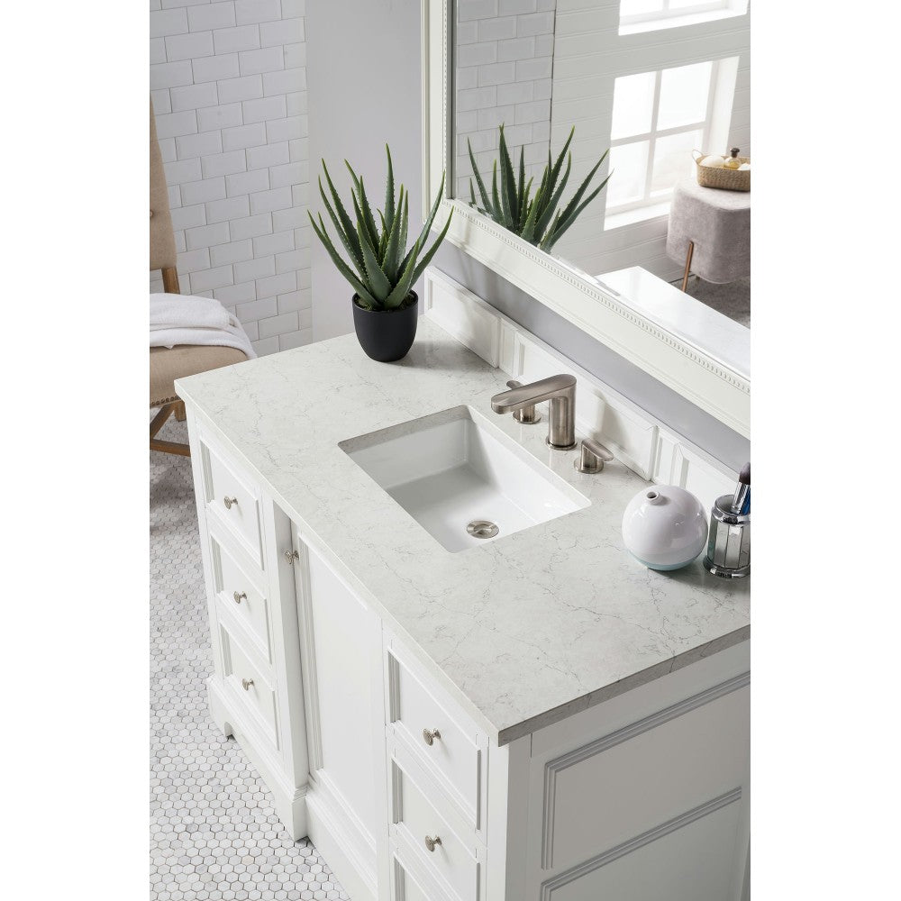 De Soto 48" Single Vanity, Bright White w/ 3 CM Eternal Jasmine Pearl Quartz Top