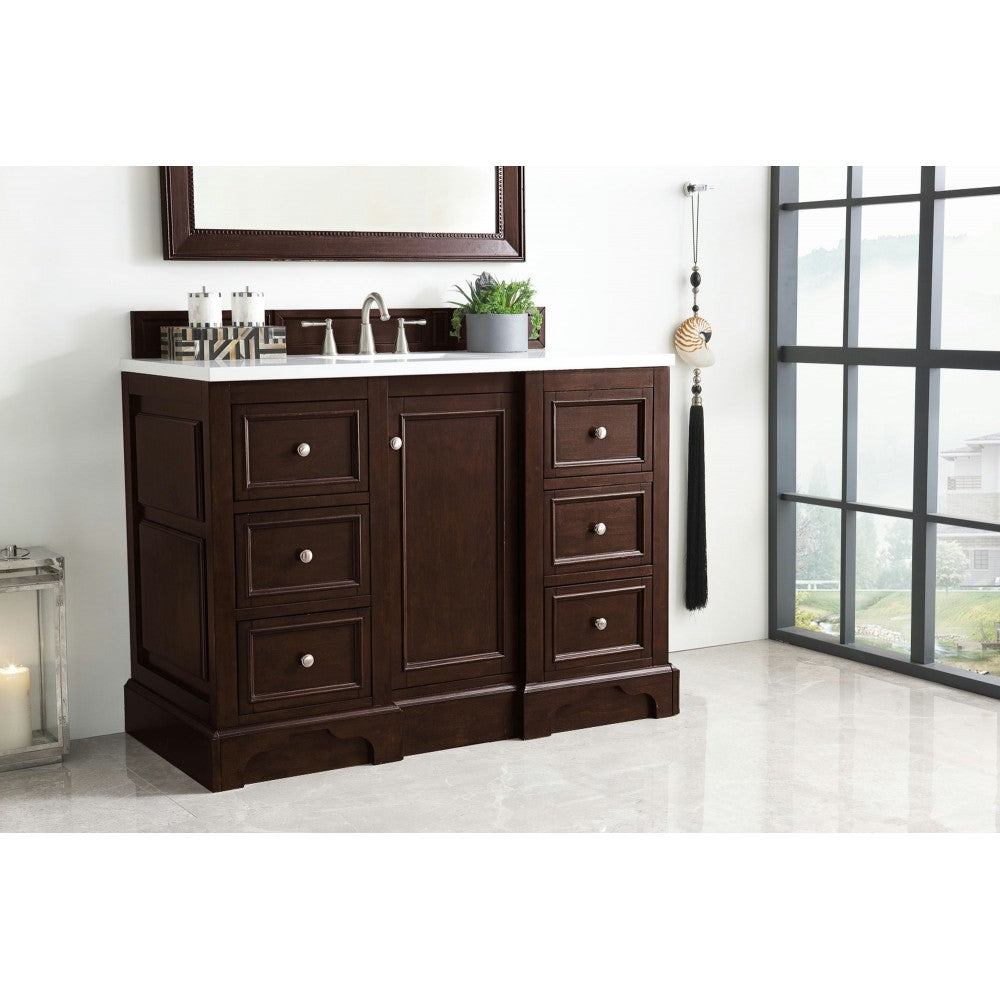De Soto 48" Single Vanity, Burnished Mahogany w/ 3 CM Classic White Quartz Top
