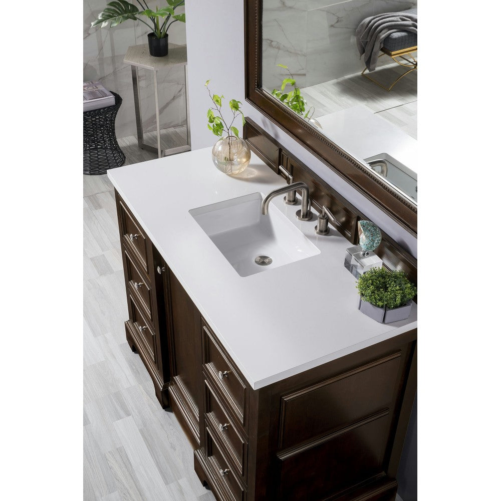 De Soto 48" Single Vanity, Burnished Mahogany w/ 3 CM Classic White Quartz Top