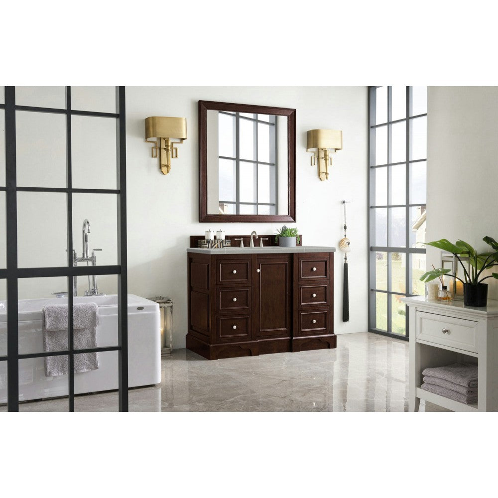 De Soto 48" Single Vanity, Burnished Mahogany w/ 3 CM Eternal Serena Quartz Top