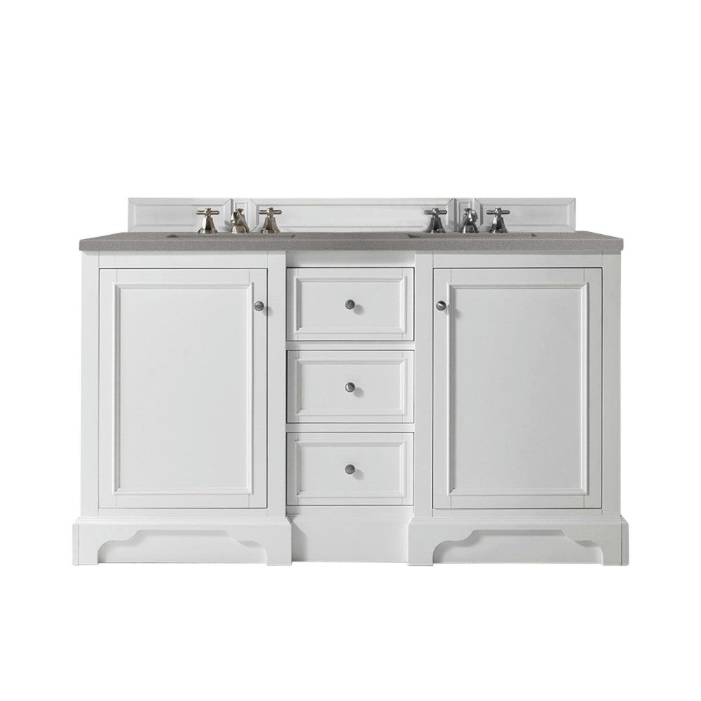 De Soto 60" Double Vanity, Bright White w/ 3 CM Gray Expo Quartz Top
