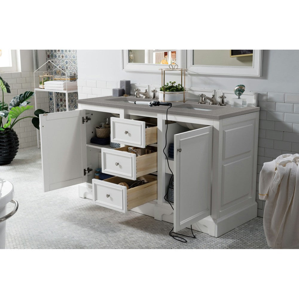De Soto 60" Double Vanity, Bright White w/ 3 CM Gray Expo Quartz Top