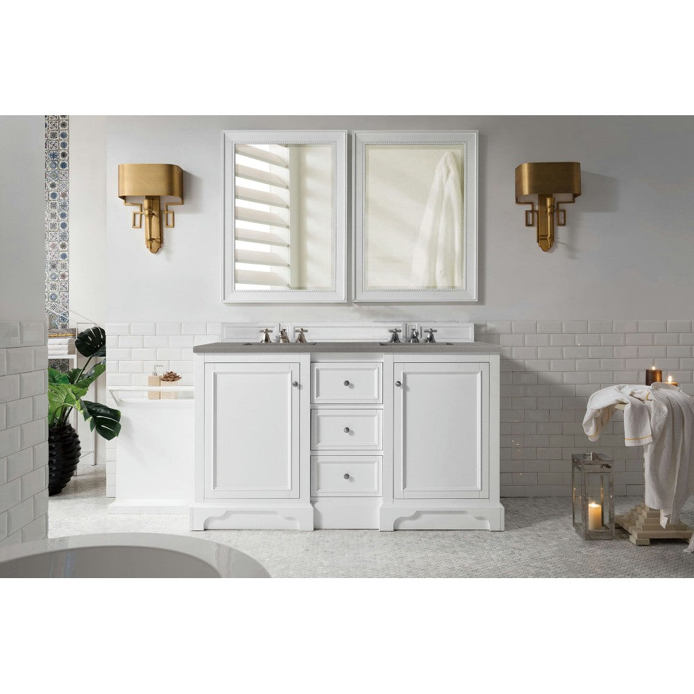 De Soto 60" Double Vanity, Bright White w/ 3 CM Gray Expo Quartz Top