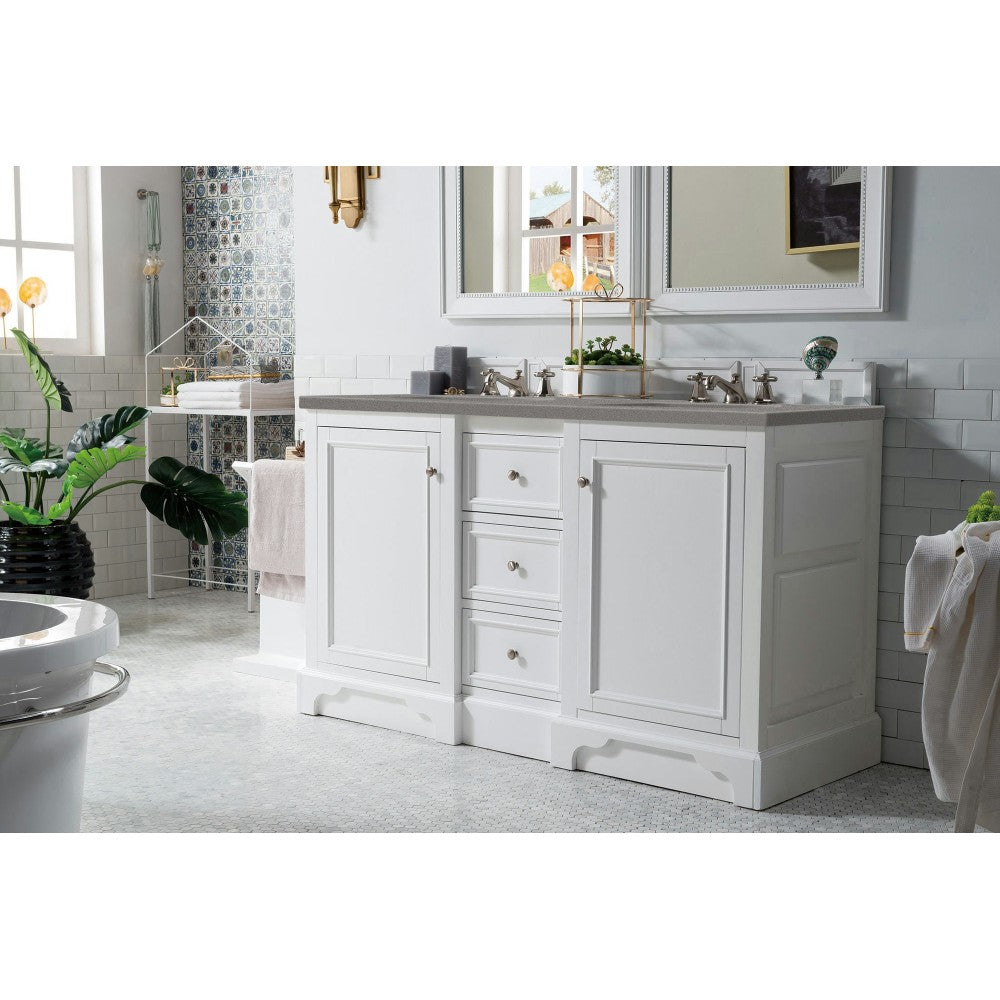 De Soto 60" Double Vanity, Bright White w/ 3 CM Gray Expo Quartz Top