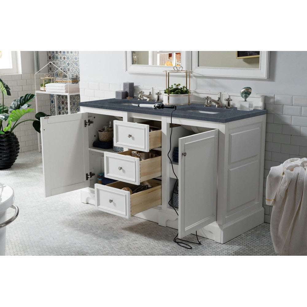 De Soto 60" Double Vanity, Bright White w/ 3 CM Charcoal Soapstone Quartz Top