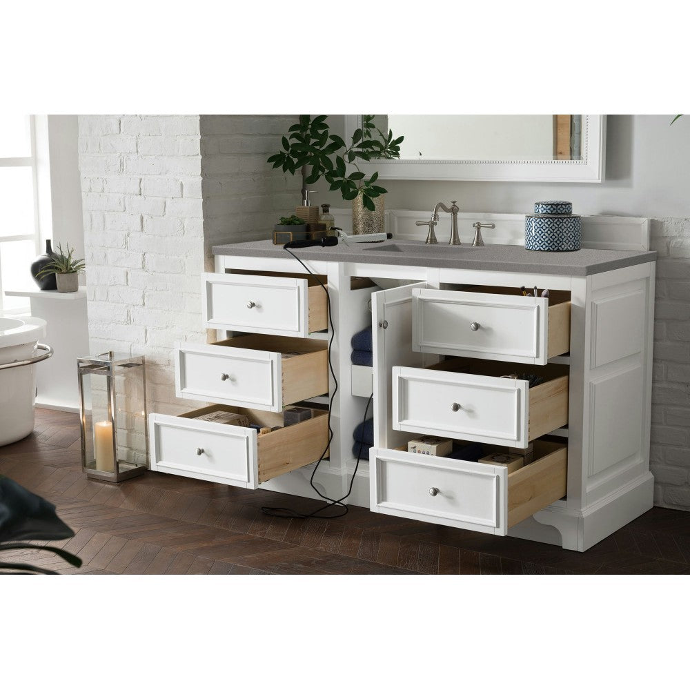 De Soto 60" Single Vanity, Bright White w/ 3 CM Gray Expo Quartz Top