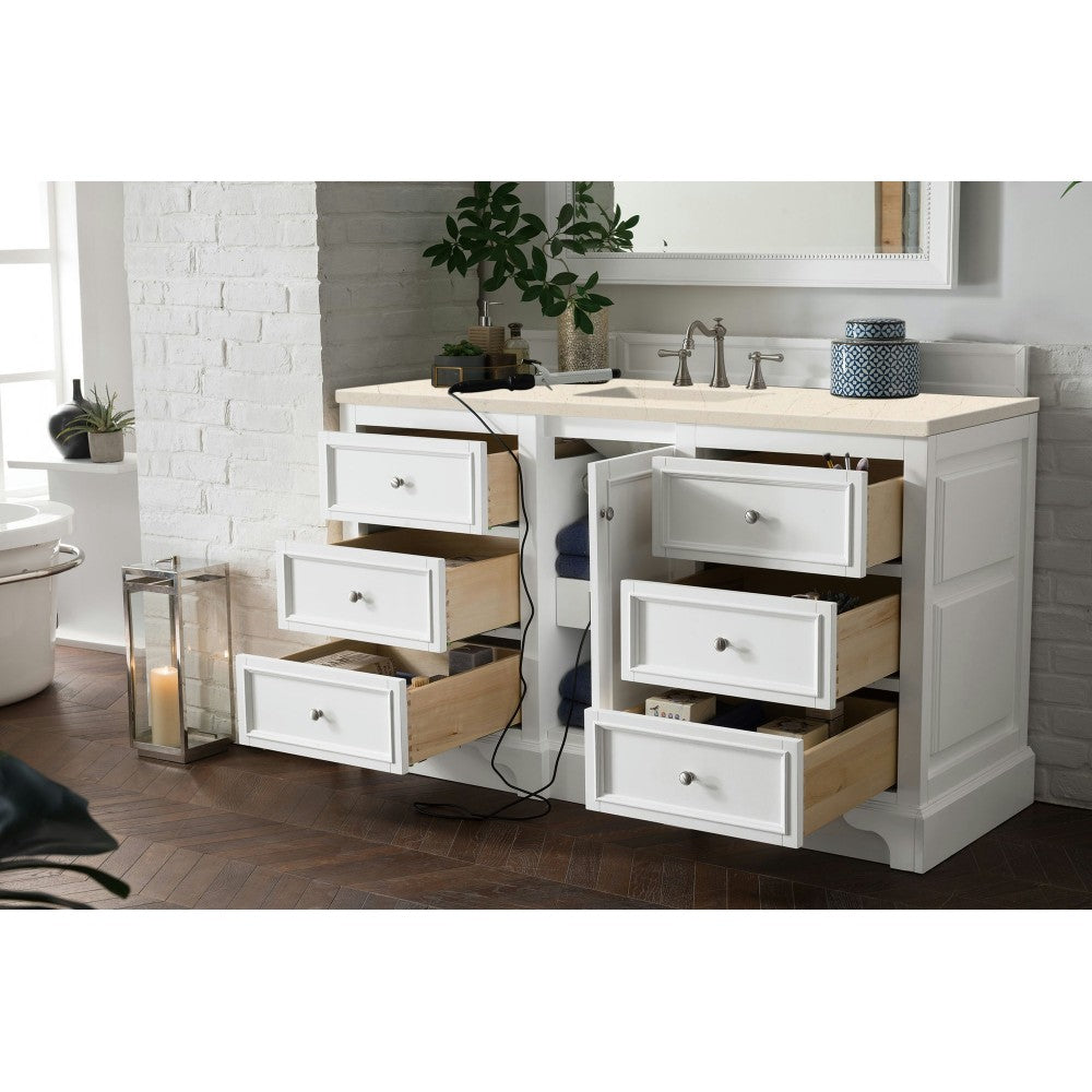 De Soto 60" Single Vanity, Bright White w/ 3 CM Eternal Marfil Quartz Top