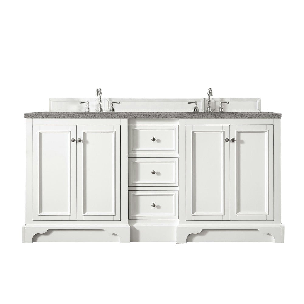 De Soto 72" Double Vanity, Bright White w/ 3 CM Gray Expo Quartz Top