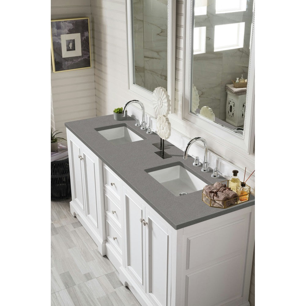 De Soto 72" Double Vanity, Bright White w/ 3 CM Gray Expo Quartz Top