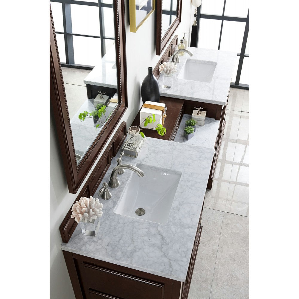De Soto 94" Double Vanity Set Mahogany w/Makeup Table 3 CM Carrara Marble Top