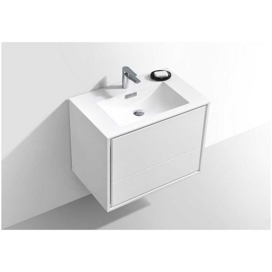 DeLusso 30" High Glossy White Wall Mount Modern Bathroom Vanity